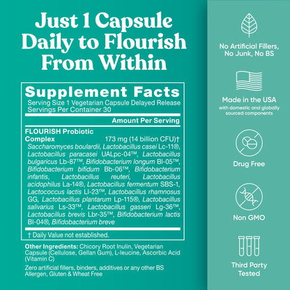 Flourish Probiotics + Prebiotics for Women - Gut and Digestion, Urinary Tract, Reduce Bloating, Vaginal Health - 18 Clinically Proven Strains, 14 Billion CFU - 30 Shelf-Stable Mini Vegan Capsules Eu Natural buy supplements Au