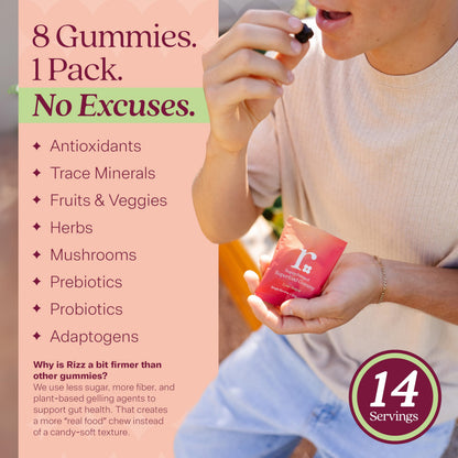 Rizz Low Sugar Green Gummies - 60+ Superfoods 6g Fiber - Prebiotic and Probiotic Gummies - Vegan Multivitamins for Women & Men - Gluten Free - Mushroom,