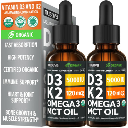 (2 Pack) Organic Vitamin D3 K2 Drops with MCT Oil Omega 3, 5000 IU — Liquid D3, No Fillers, Non-GMO, Immune Support (Unflavored, 2 Fl Oz) NUSAVA buy supplements Au