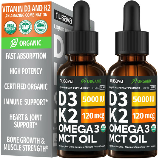 (2 Pack) Organic Vitamin D3 K2 Drops with MCT Oil Omega 3, 5000 IU — Liquid D3, No Fillers, Non-GMO, Immune Support (Unflavored, 2 Fl Oz) NUSAVA buy supplements Au