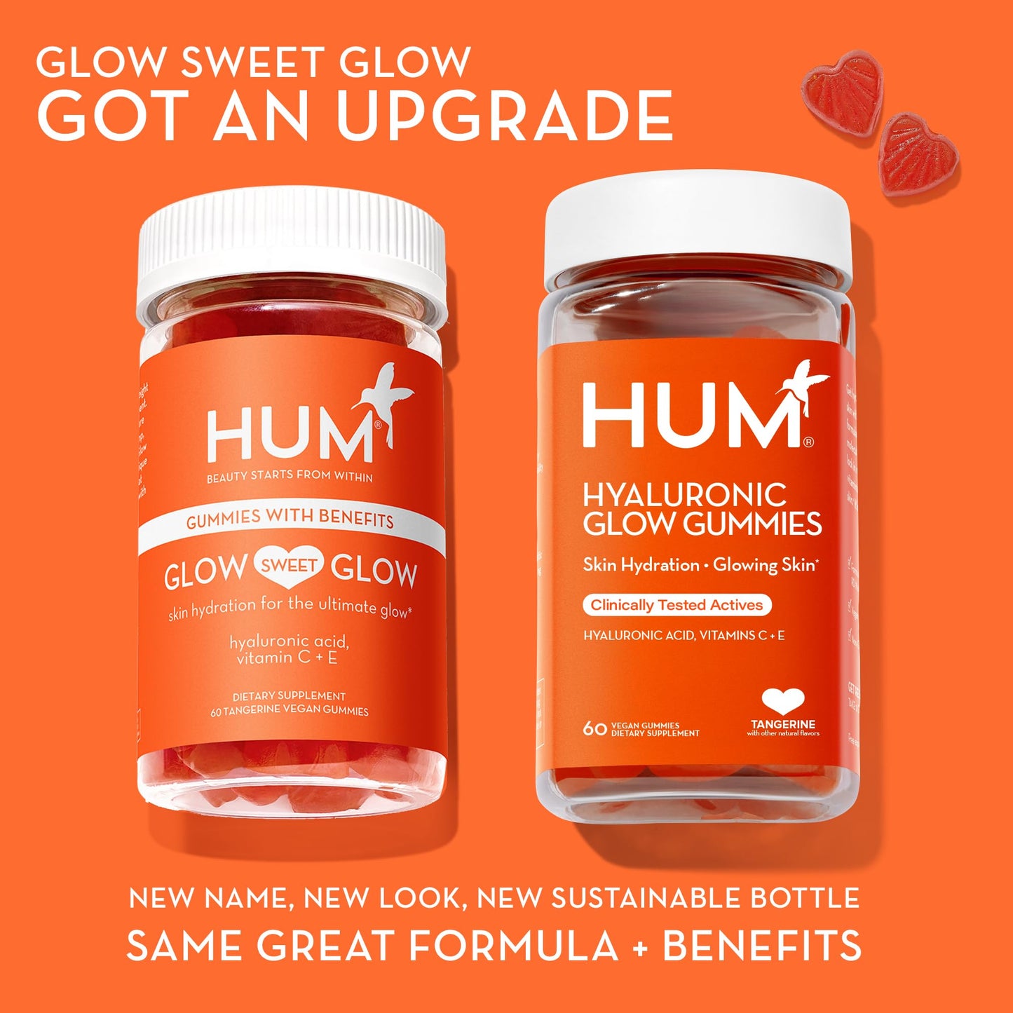 HUM Hyaluronic Glow Hydrating Skin Care Supplement, with Low Molecular Hyaluronic Acid, Vitamin C from Amla Fruit, and Vitamin E, Antioxidant Support for Skin Hydration, Tangerine, 60 Vegan Gummies HUM buy supplements Au