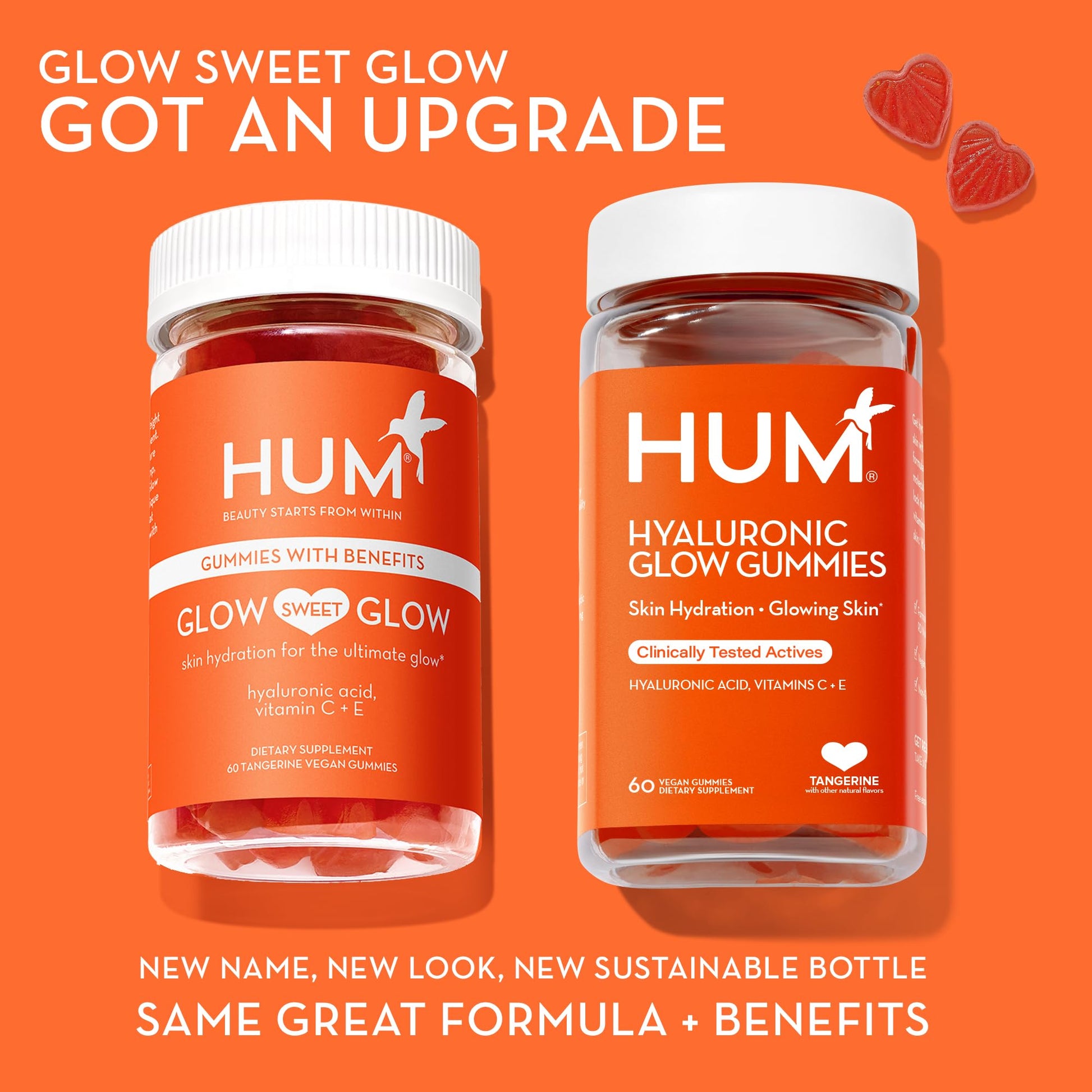 HUM Hyaluronic Glow Hydrating Skin Care Supplement, with Low Molecular Hyaluronic Acid, Vitamin C from Amla Fruit, and Vitamin E, Antioxidant Support for Skin Hydration, Tangerine, 60 Vegan Gummies HUM buy supplements Au