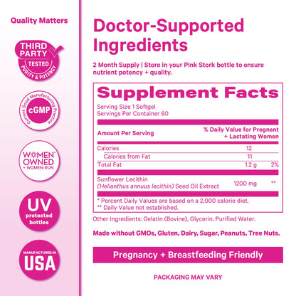 Pink Stork Sunflower Lecithin Supplement - 1200 mg for Clogged Milk Ducts - Breastfeeding Essentials for Postpartum Moms -