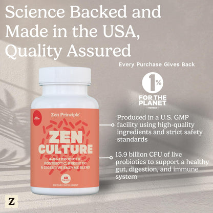 Zen Principle Zenculture™ – 4-in-1 Synbiotic Supplement (Probiotic + Prebiotic + Postbiotic + Digestive Enzymes) with CoreBiome®. Anti Bloating,