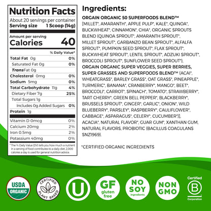 Orgain Organic Greens Powder + 50 Superfoods, Original - 1 Billion Probiotics for Digestive Health, Antioxidants, Vegan, Plant-Based, Gluten-Free, Non-GMO