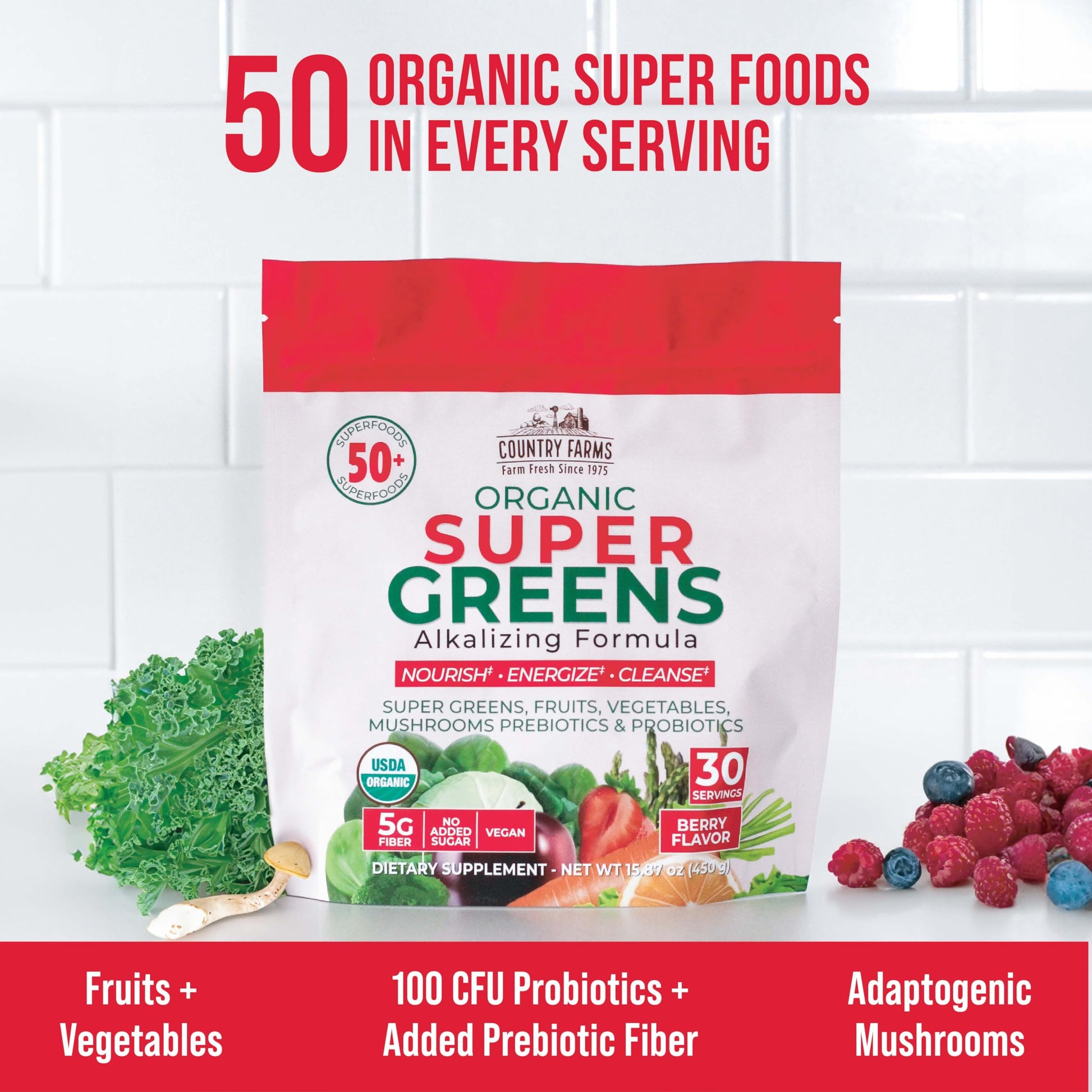 Country Farms Super Greens Berry Flavor, 50 Organic Super Foods, USDA Organic Drink Mix (Wheat Grass, Spirulina, Chlorella) Mushrooms & Probiotics, with Fiber, Gut Health, Natural Energy, 30 Servings Country Farms buy supplements Au