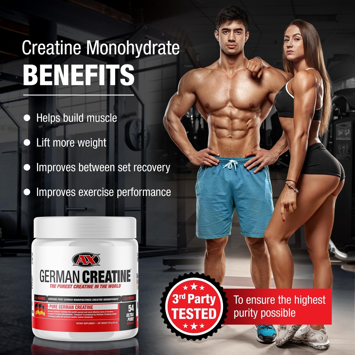 German Creatine - Micronized Creatine Monohydrate Powder, 99.99% Pure Creapure for Muscle Growth, Strength & Performance, Supports Muscle Recovery, 3rd Party Tested, Unflavored - 270g (54 Servings) German Creatine buy supplements Au