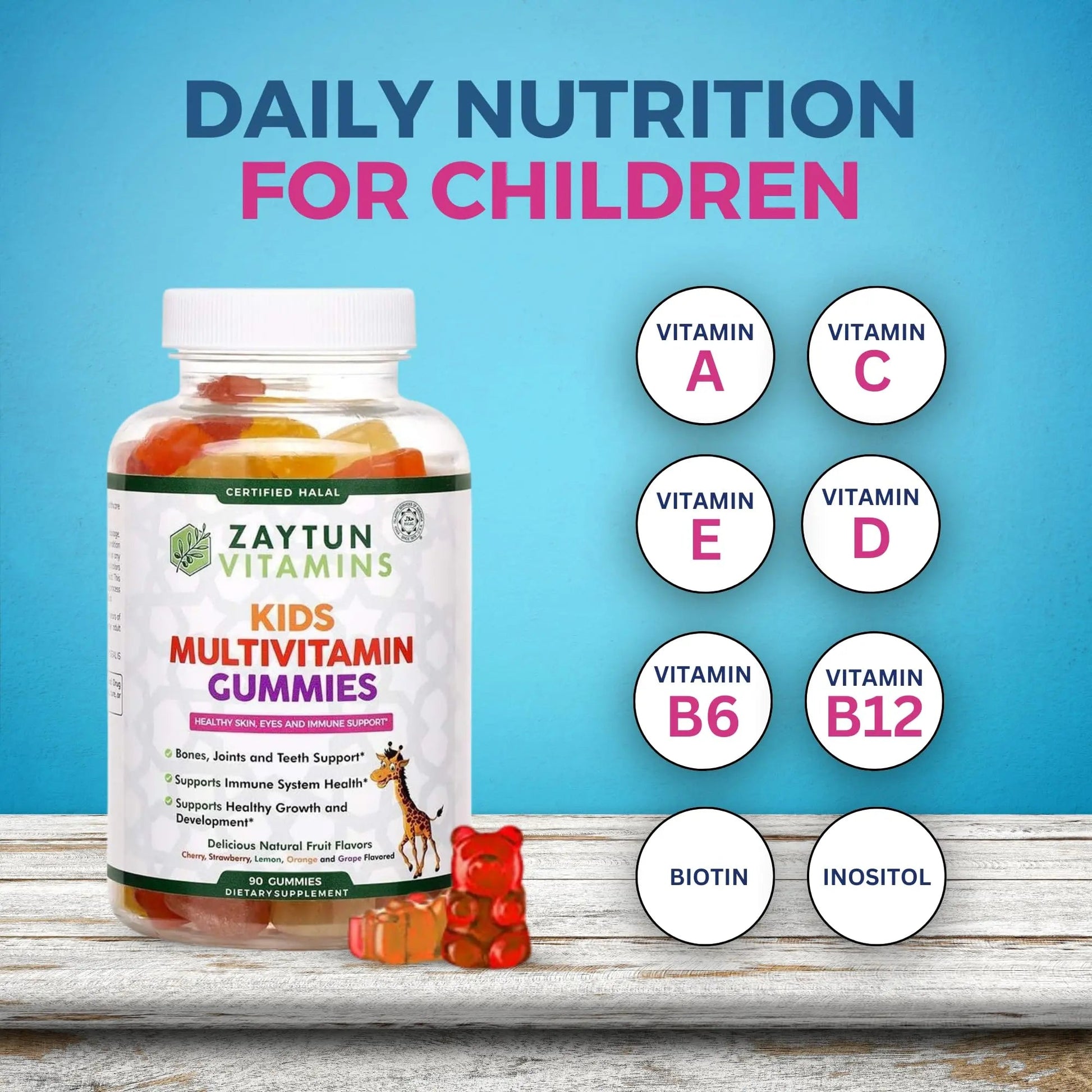 Zaytun Halal Vitamins for Kids Multivitamin Gummies, Naturally Sourced Vitamin A, C, D, E, B6, B12, Biotin - Vegetarian, No Gelatin Zaytun Vitamins