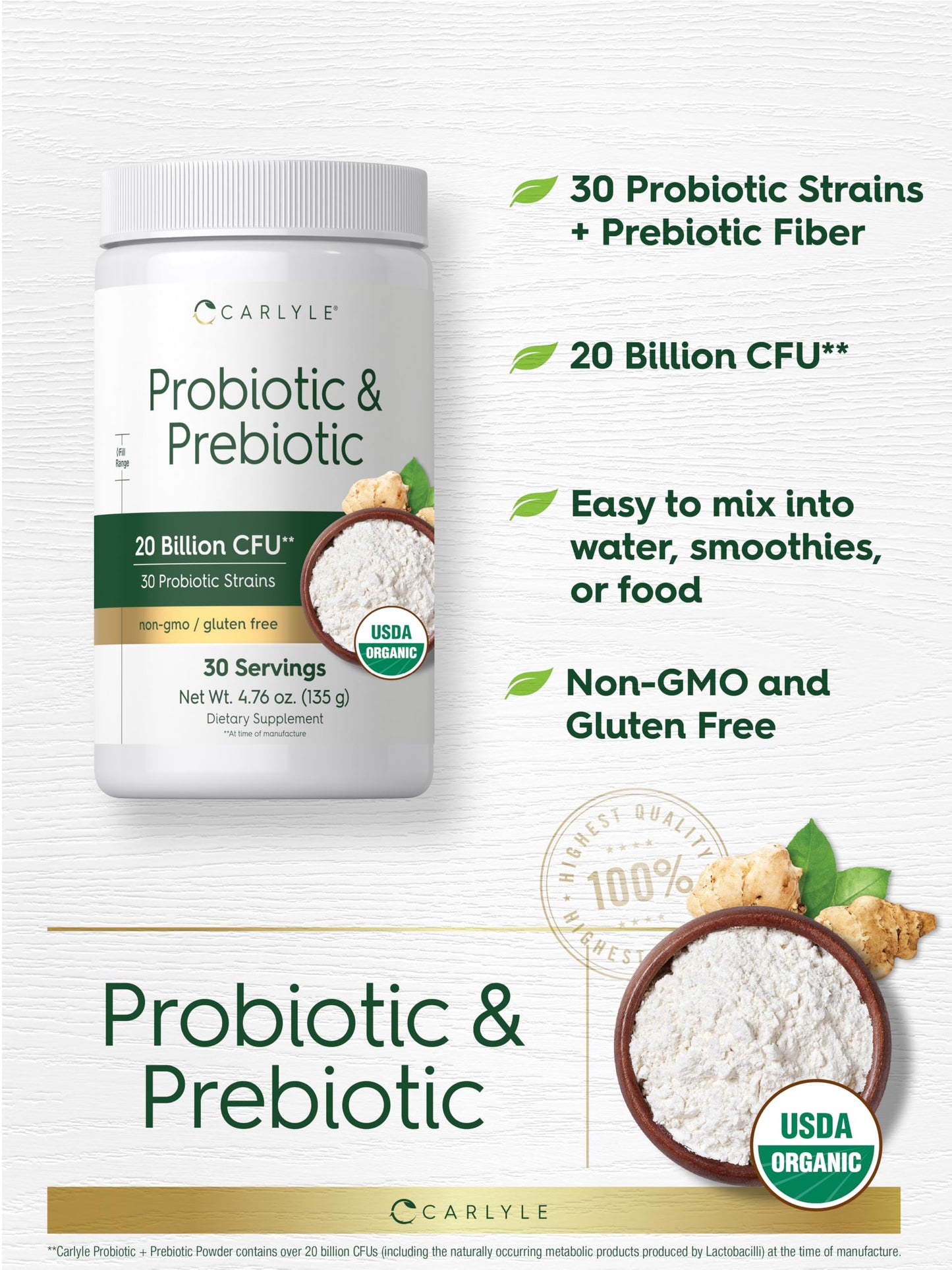 Carlyle Probiotic and Prebiotic Powder | 20 Billion CFU | 4.76 oz | Organic Fiber Blend | for Women and Men | Vegetarian, Non-GMO,
