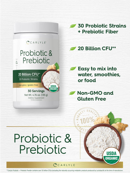 Carlyle Probiotic and Prebiotic Powder | 20 Billion CFU | 4.76 oz | Organic Fiber Blend | for Women and Men | Vegetarian, Non-GMO,