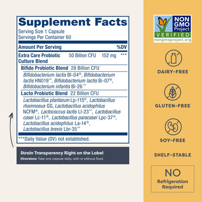Renew Life Extra Care Digestive Probiotic Capsules, 50 Billion CFU Guaranteed, Daily Supplement Supports Immune, Digestive, Respiratory Health(1), L. Rhamnosus GG