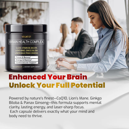 VEGATOT Brain Booster Brain Health Complex Supplement Concentrated with CoQ-10 VIT B6 Lion's Mane Ginkgo Biloba Lemon Balm Ginseng