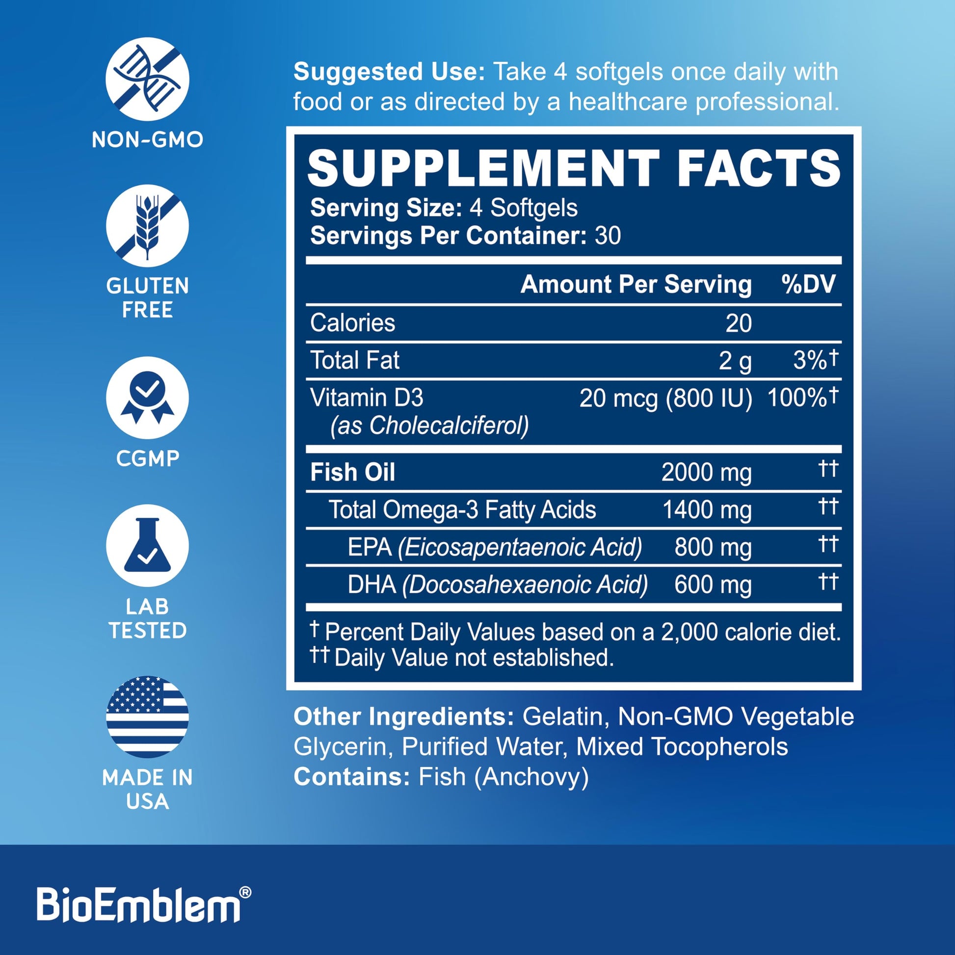 BioEmblem Omega-3 Fish Oil 2000mg - Small Size Softgels, High Absorption Form, Sustainable - 1400mg EPA &DHA Plus Vitamin D3, Non-GMO, Heart, Joint, & Brain Health Fish Oil Supplement, 120 Ct BioEmblem buy supplements Au