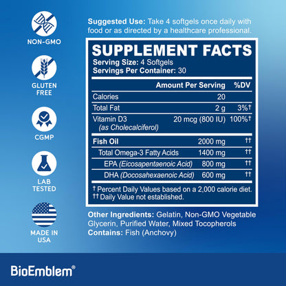BioEmblem Omega-3 Fish Oil 2000mg - Small Size Softgels, High Absorption Form, Sustainable - 1400mg EPA &DHA Plus Vitamin D3, Non-GMO, Heart, Joint, & Brain Health Fish Oil Supplement, 120 Ct BioEmblem buy supplements Au