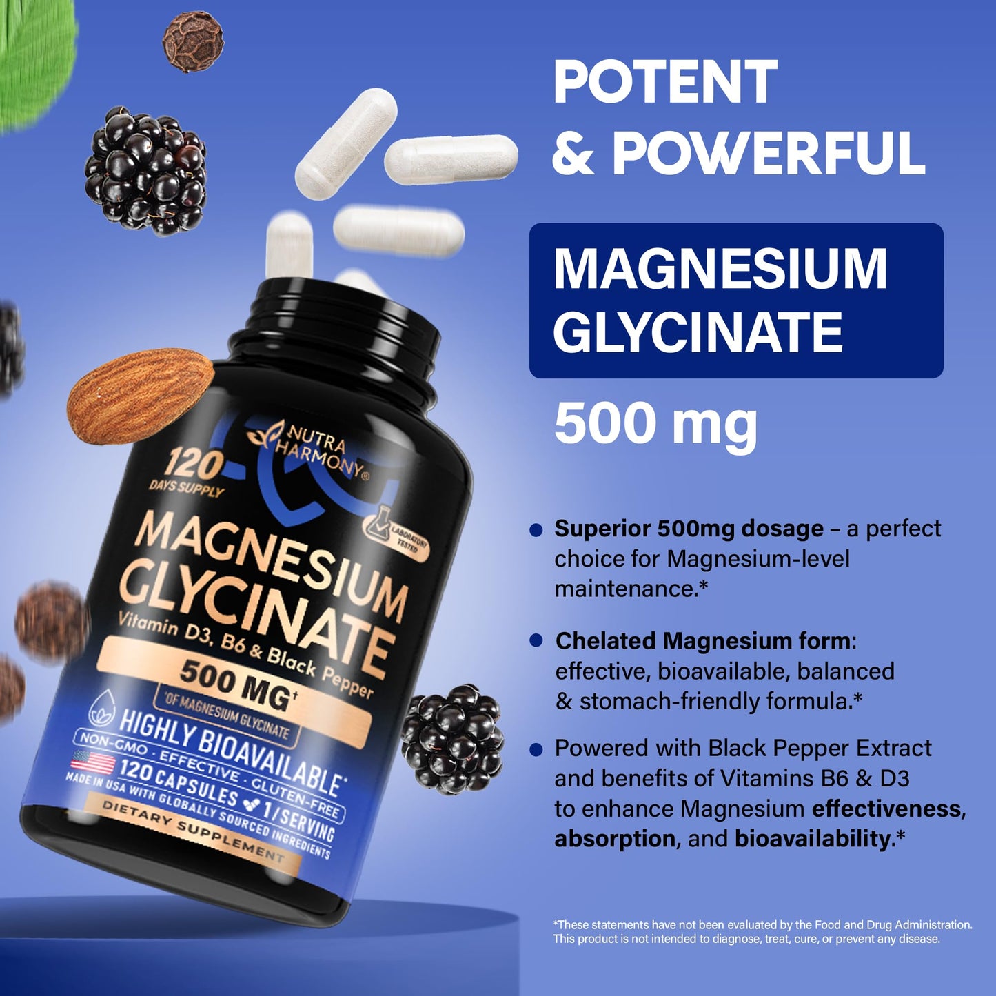 Magnesium Glycinate 500 mg - Chelated Supplement - High Absorption Form of Magnesium - Support for Sleep, Muscle & Heart Health - Made in USA, Lab Tested & Non-GMO - 120 Capsules NUTRAHARMONYBuy Supplements Australia
