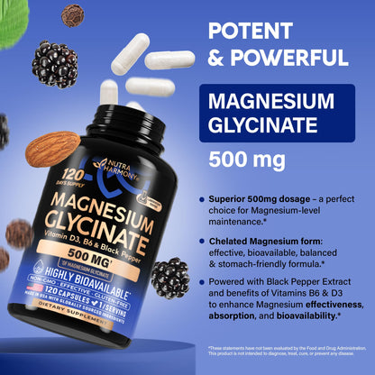 Magnesium Glycinate 500 mg - Chelated Supplement - High Absorption Form of Magnesium - Support for Sleep, Muscle & Heart Health - Made in USA, Lab Tested & Non-GMO - 120 Capsules NUTRAHARMONYBuy Supplements Australia