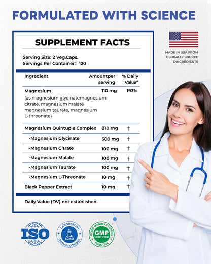 820mg Magnesium Complex 240 Veggie Capsules,for Women & Men with Magnesium Glycinate,Citrate, Malate,Taurate & L-Threonate for Sleep, Mood, Muscle Relaxation & Nerve Function Vegan Friendly, Non-GMO FreeCare buy supplements Au