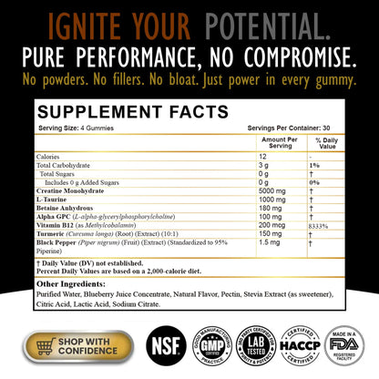 Creatine Monohydrate Gummies for Men & Women - Sugar Free & Vegan Advanced Formula W/L-Taurine + Vitamin B12 - for Muscle Strength, Muscles Builder, Recovery,