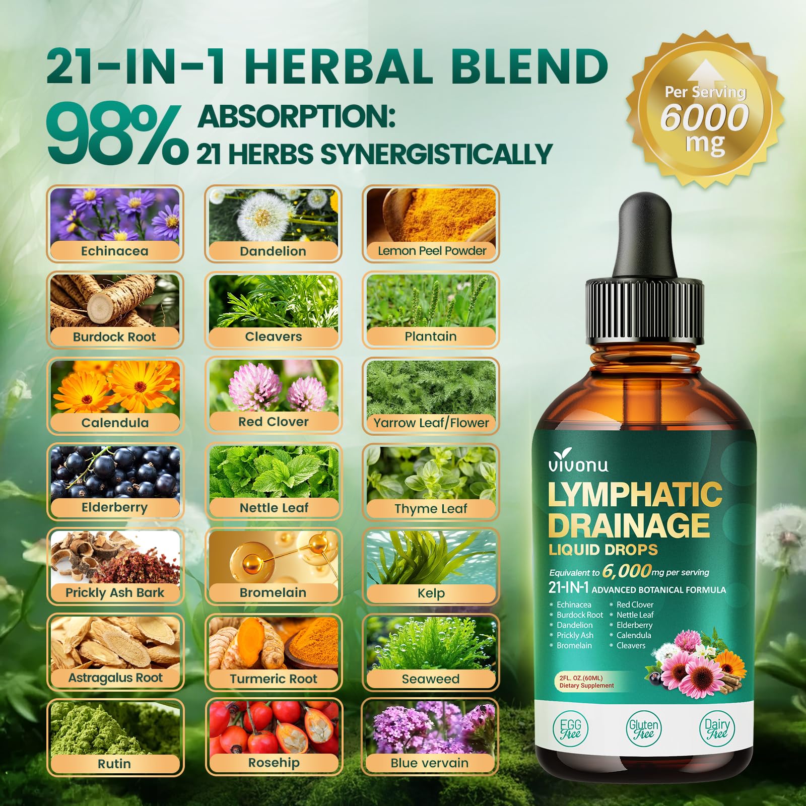 21-in-1 Lymphatic Drainage Drops for Liposomal, Immune & Lymph System Support Supplement for Women & Men with Echinacea, Dandelion, Burdock, Bromelain, Calendula, Turmeric & More, 2 FL OZ VivoNu buy supplements Au