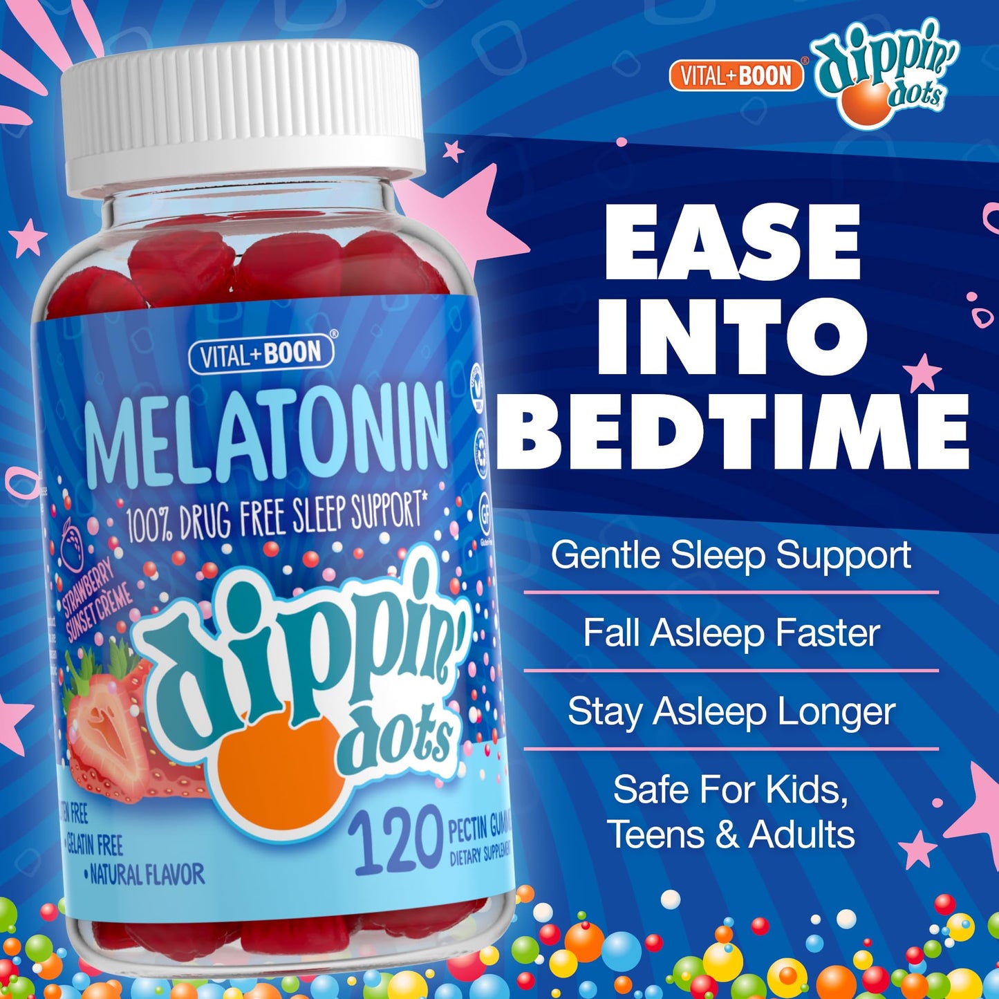 Dippin Dots - Melatonin Gummies for Kids & Adults (60 Days Supply) Strawberry Sunset Creme Flavor | 2.5mg Per Kids Melatonin Supplement for Faster,