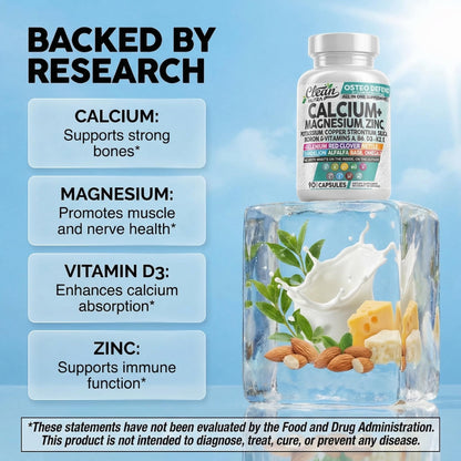Allin1 Calcium Magnesium Zinc Supplement with Potassium, Copper, Strontium, Silica, Vitamin D3 K2, Boron, Vitamin B1 B12 Red Clover Herb Alfalfa Basil Pills for Men