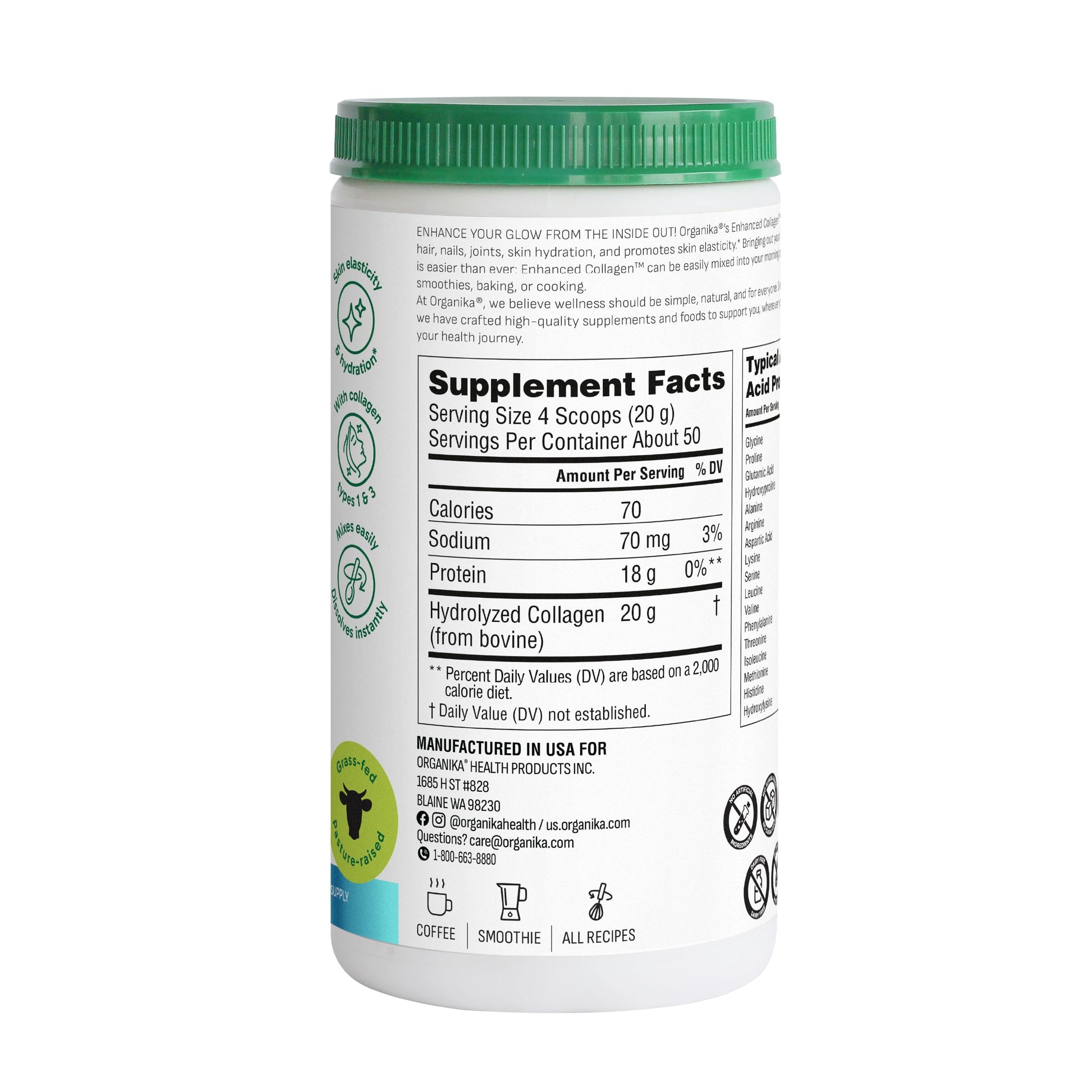 Organika Collagen Powder - for Healthy Hair, Skin, Nails, and Joints. Hydrolyzed Protein Peptides for Better Absorption- Grass-Fed, Non-GMO- Unflavoured- 2.2lbs Organika buy supplements Au