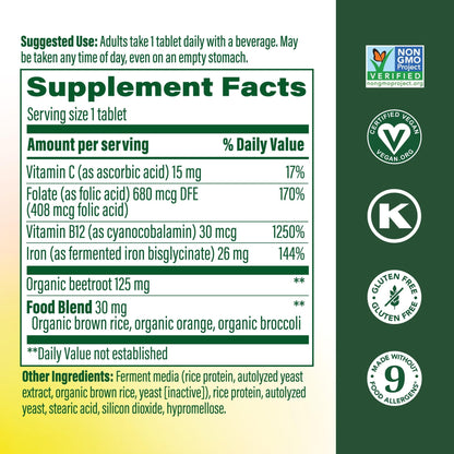 MegaFood Blood Builder Iron Supplement for Women & Men - Increase Iron Levels Without Side Effects - Combats Fatigue - with Vitamin B12, Folic Acid