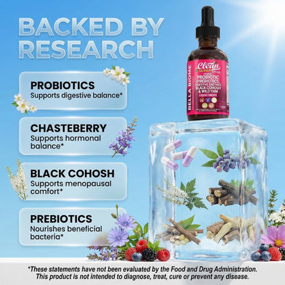 Liquid Probiotics for Women Drops with Chasteberry, Black Cohosh, Prebiotics, Digestive Enzymes, Evening Primrose Oil, Wild Yam, Cranberry Dmannose and Iron Vitamin D3 K2 Clean Nutra Bella Biotics Clean Nutraceuticals buy supplements Au