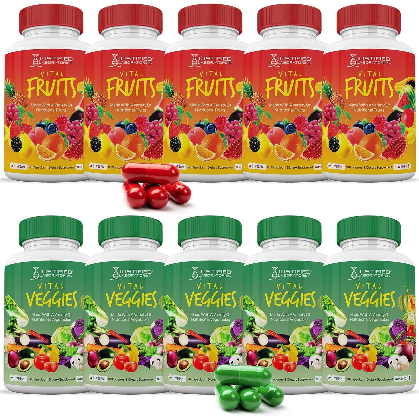 Multiple bottles of 'Vital Fruits' and 'Vital Veggies' supplements on a white background.