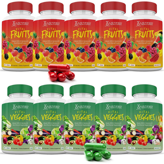 Multiple bottles of 'Vital Fruits' and 'Vital Veggies' supplements on a white background.