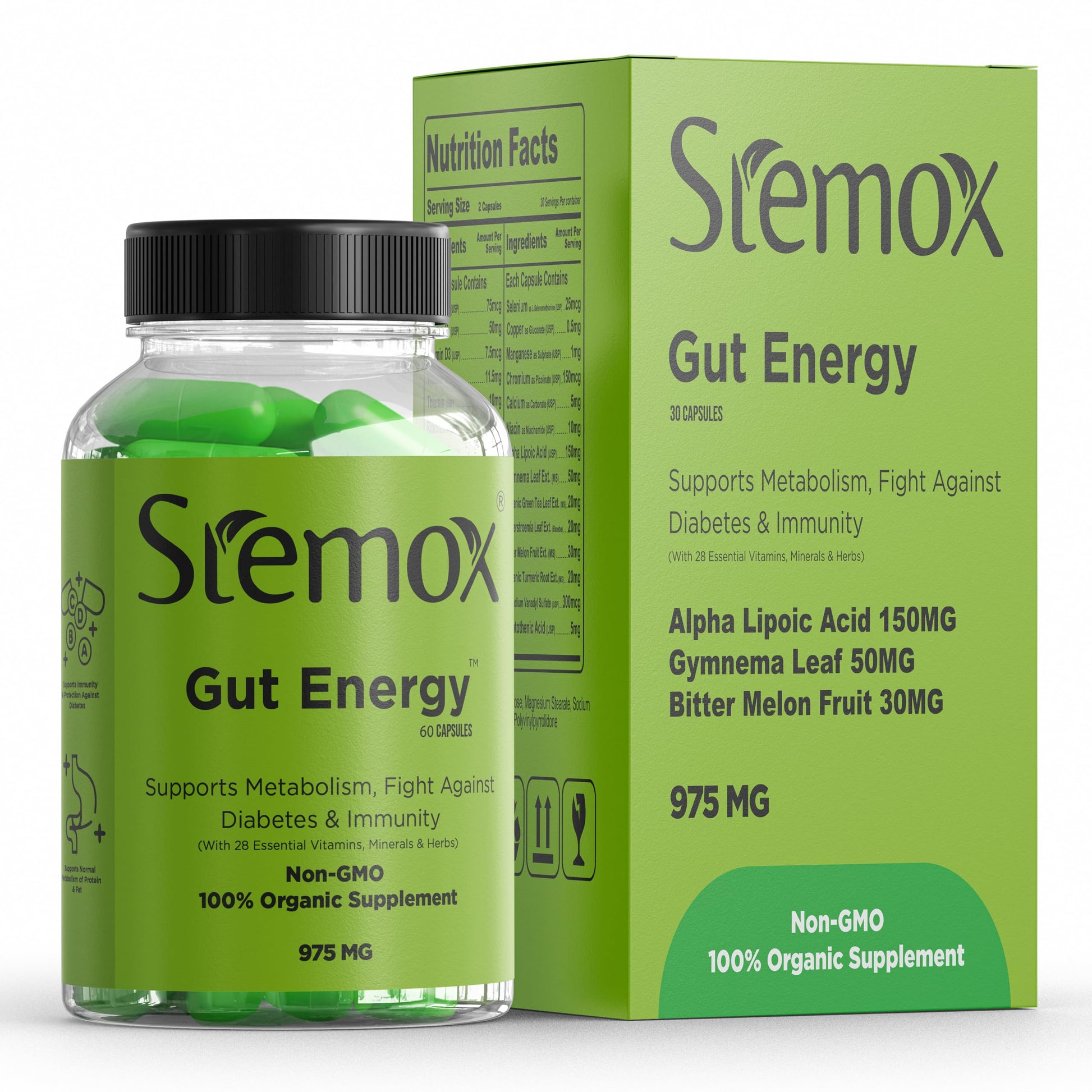 Stemox Gut Energy – Natural Energy & Metabolism Support Supplement with Biotin, Chromium, Alpha Lipoic Acid & Organic Herbal Extracts – Blood Sugar & Gut Health Support – 60 Vegan Capsules Stemox buy supplements Au