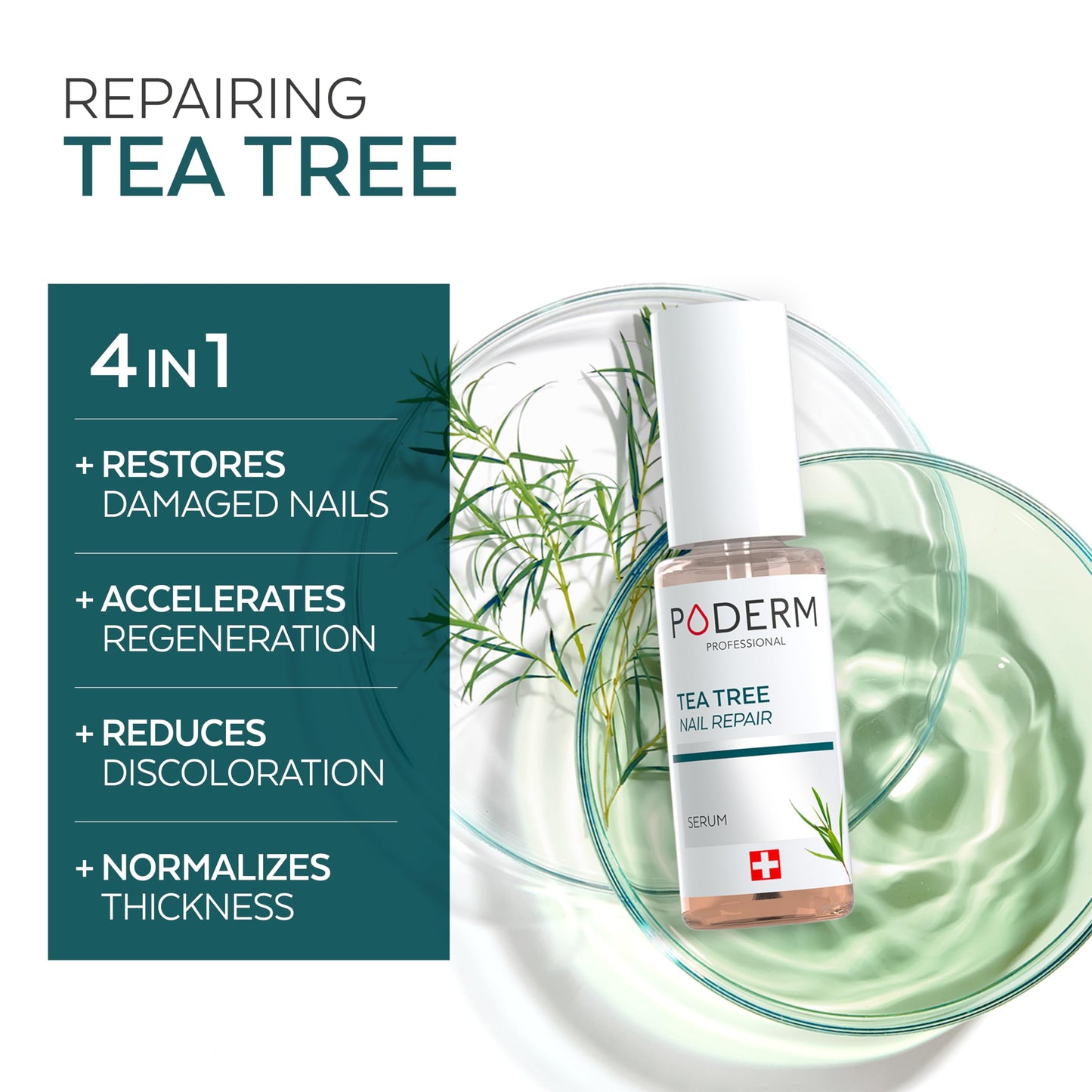 PODERM Tea Tree Nail Serum - 6 ml | 4-in-1 Formula for Damaged, Yellowed, and Dull Nails – Helps Even Nail Thickness – Swiss Made
