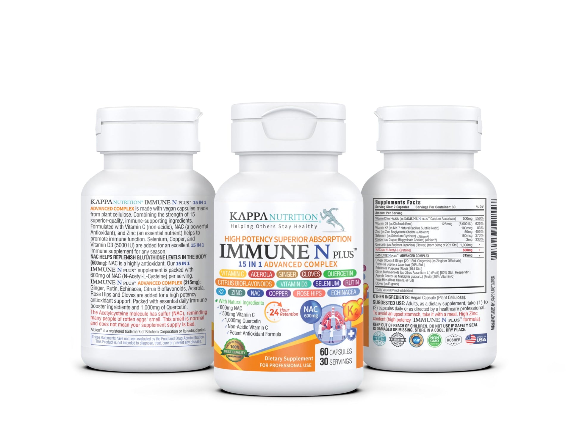 (60 Capsules), NAC 600mg, Quercetin 1,000mg, Vitamin C 500mg, Zinc 50mg, Vitamin D3 5,000iu, Selenium, Copper, Acerola, Ginger, Rutin, Citrus Bioflavonoids, Rose Hips, Echinacea, Immune N Plus 15 in 1 KAPPA NUTRITION buy supplements Au