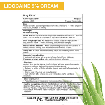 Puregen Labs Lidocaine 5% Anorectal (hemorrhoidal) Cream Maximum Strength | Enriched with Aloe-Vera | 6 Oz