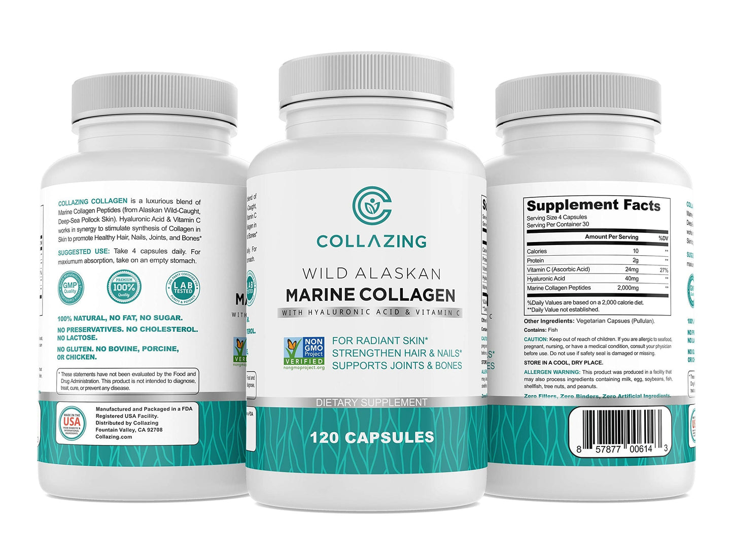 C COLLAZING - Alaskan Wild-Caught Marine Collagen Peptides with Hyaluronic Acid & Vitamin C - Supports Skin, Hair, Nails, Joints & Bones - Type 1 & 3 Collagen
