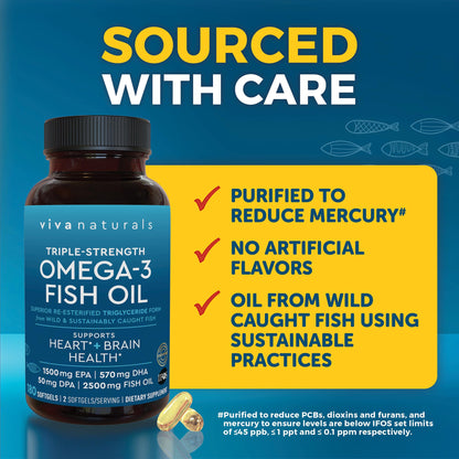 Triple Strength Fish Oil Omega 3 Supplements for Women and Men – 2500 mg High-Potency, Easy-to-Absorb Re-esterified Triglyceride Form, Pescatarian-Friendly DPA Omega 3 EPA DHA Supplement,180 Softgels Viva NaturalsBuy Supplements Australia