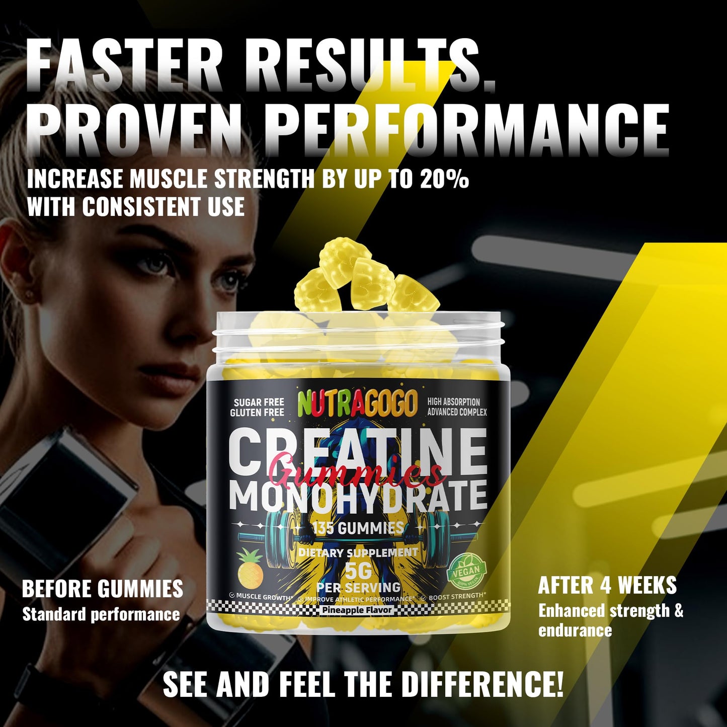 NUTRAGOGO NSF Certified Creatine Gummy - Creatine Monohydrate Gummies for Men & Women-5g of Creatine Monohydrate per Serving - Sugar Free,Vegan, Pineapple Electrolyte Chews, 135 Count