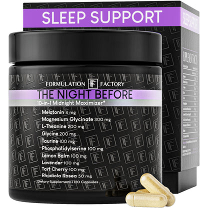 Formulation Factory The Night Before 10-in-1 Sleep Support | Melatonin 4mg, Magnesium Glycinate 300mg, L-Theanine, Glycine & More | Supports Relaxation, Calm & Recovery (120 Capsules 2 Month Supply) Formulation Factory buy supplements Au