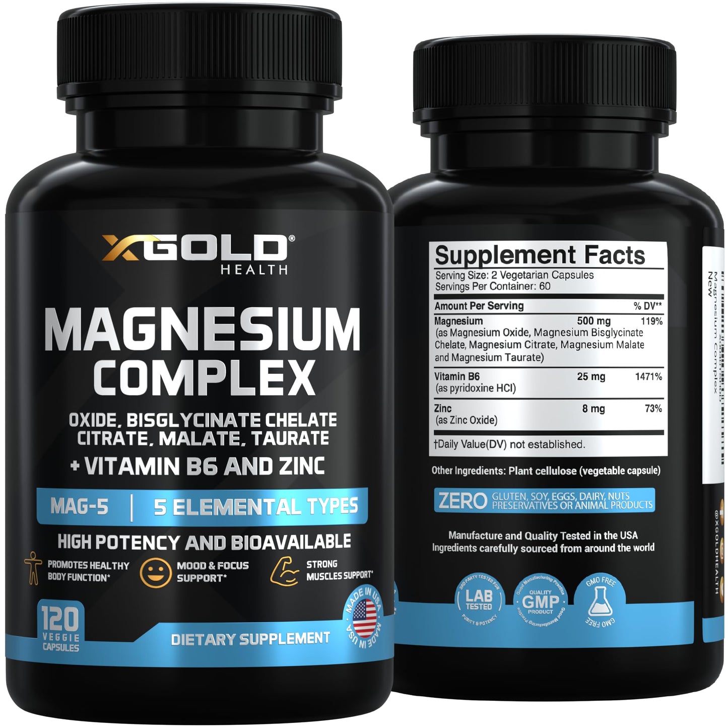 X Gold Health Magnesium Complex 5-in-1 with Zinc & B6 High Absorption Capsules (Glycinate, Citrate, Malate, Taurate, Oxide) Muscle Recovery, Energy, Sleep Support & Immune Health 500mg Made in USA X Gold Health buy supplements Au
