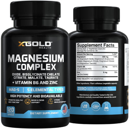 X Gold Health Magnesium Complex 5-in-1 with Zinc & B6 High Absorption Capsules (Glycinate, Citrate, Malate, Taurate, Oxide) Muscle Recovery, Energy, Sleep Support & Immune Health 500mg Made in USA X Gold Health buy supplements Au