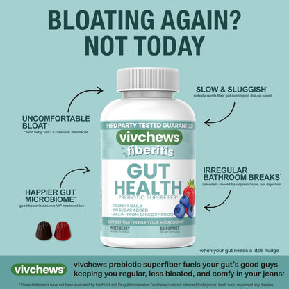 vivchews Gut Health Gummies – Prebiotic Fiber for Bloating Relief, No Sugar Added, Non-GMO, Fruit Pectin Based, Gluten-Free, No Artificial Colors,