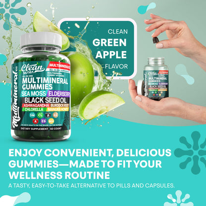 Sea Moss Gummies | Clinically Tested - Black Seed Oil Ashwagandha Elderberry Burdock Root Chlorella Manuka Honey - Vegan Irish Sea Moss Gummy Vitamins for Adults Kids Men Women - Green Apple Flavor Clean NutraceuticalsBuy Supplements Australia