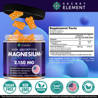 Secret Element Magnesium Glycinate 2150MG Gummies for Women and Men, High Absorption Magnesium Glycinate, Citrate, Malate Gummies for Adults & Kids, Sleep Support, Sugar Free, Vegan, 60 Chews, Orange Secret Element buy supplements Au