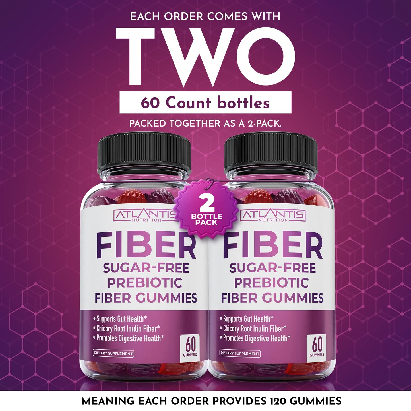 Atlantis Nutrition Sugar Free Fiber Gummies for Adults - 5G Fiber Supplement Formulated with 5.4G Prebiotic Digestive Blend/Serving - Supports Gut Health & Healthy Digestion