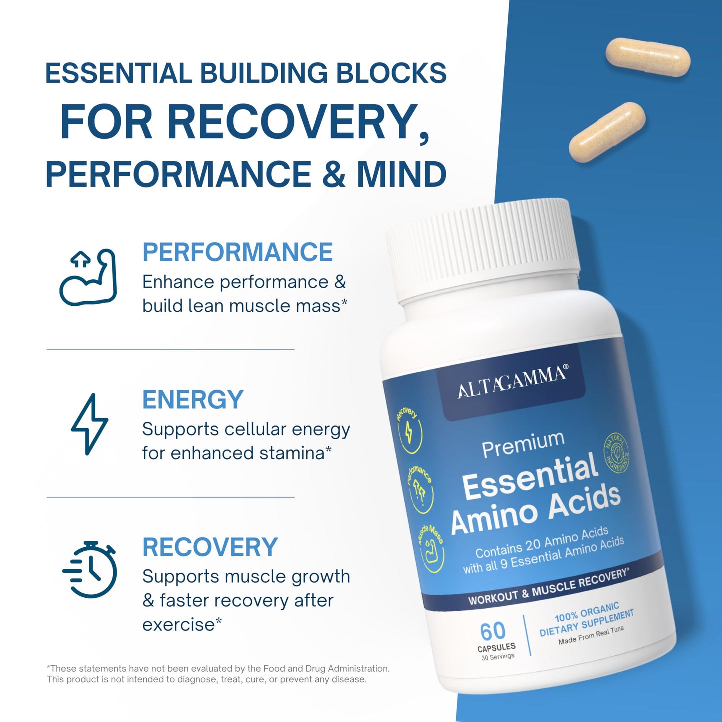 ALTAGAMMA Pure Amino Acids Complex - Protein for Pre/Post Workout, Energy & Muscle Recovery - 9 Essential Amino Acids Supplement (EAA) & BCAAs - Leucine, Lysine, L Tyrosine, L Arginine, 60 Capsules ALTAGAMMA buy supplements Au