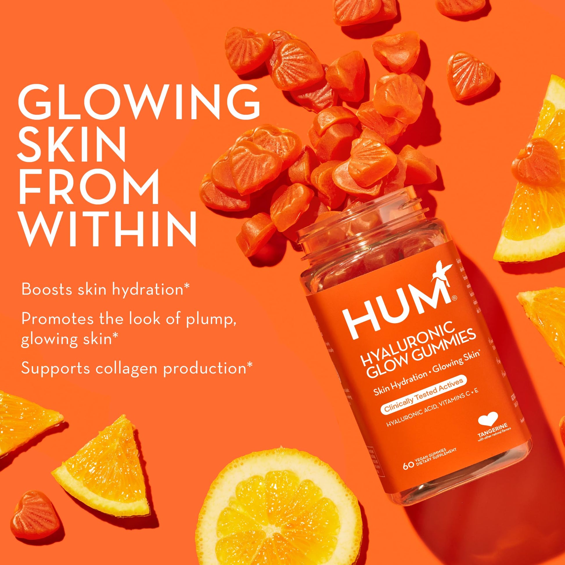 HUM Hyaluronic Glow Hydrating Skin Care Supplement, with Low Molecular Hyaluronic Acid, Vitamin C from Amla Fruit, and Vitamin E, Antioxidant Support for Skin Hydration, Tangerine, 60 Vegan Gummies HUM buy supplements Au