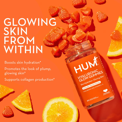 HUM Hyaluronic Glow Hydrating Skin Care Supplement, with Low Molecular Hyaluronic Acid, Vitamin C from Amla Fruit, and Vitamin E, Antioxidant Support for Skin Hydration, Tangerine, 60 Vegan Gummies HUM buy supplements Au