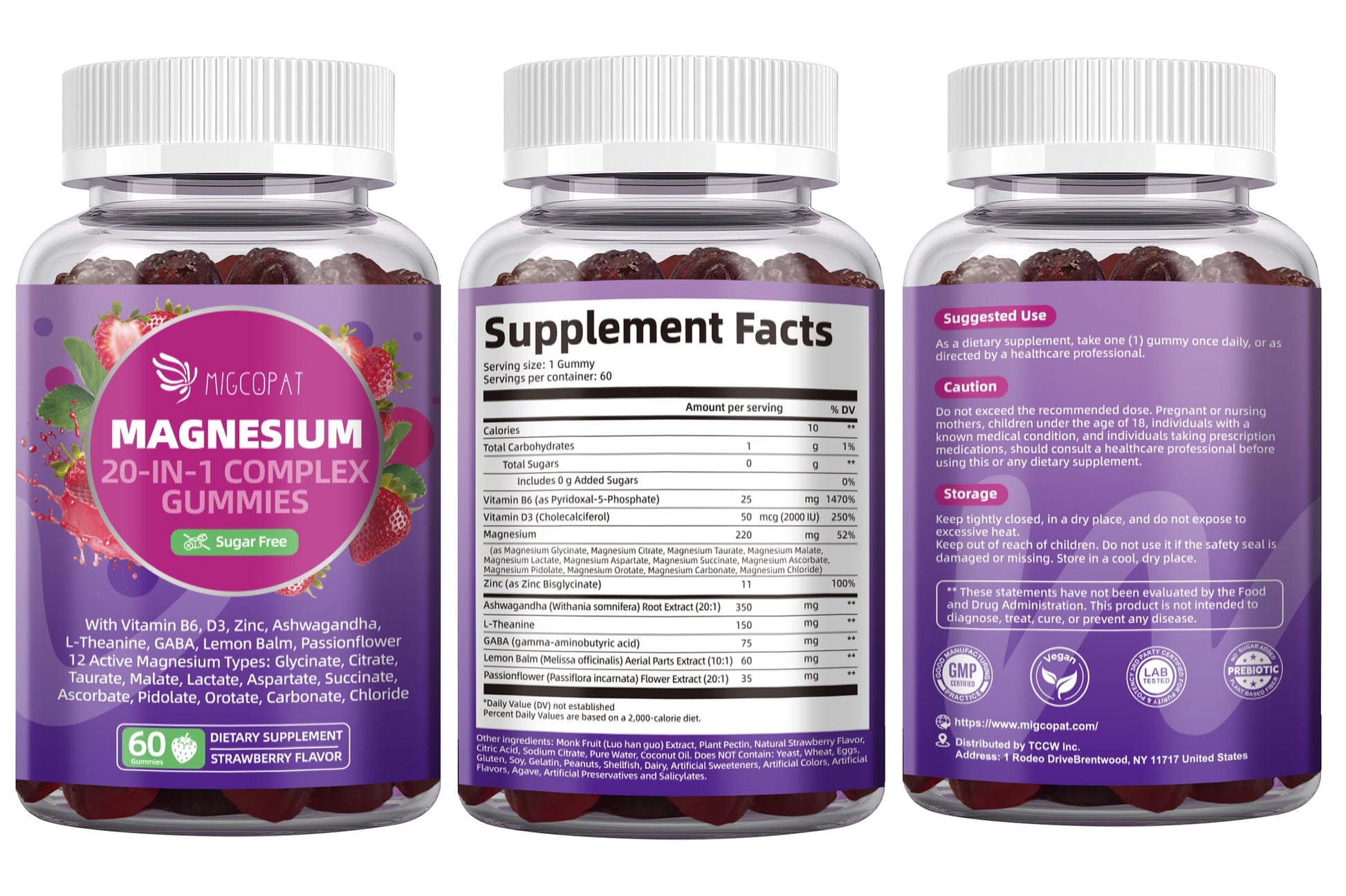 Migcopat Magnesium Complex Gummies, 20 in 1 Magnesium Gummy with Glycinate Citrate Malate Taurate - Ashwagandha, L-Theanine, D3&Zinc for Relaxation, Sleep, Muscle&Heart Support, Strawberry, 60 Cts Migcopat buy supplements Au