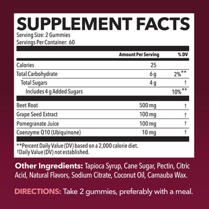 Beet Root Gummies with COQ10 & Pomegranate - Nitric Oxide Supplement for Men and Women - Beetroot for Endurance, Performance, Recovery - Vegan, Non-GMO, Gluten Free -