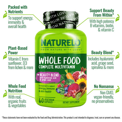 NATURELO Whole Food Multivitamin with Extra Hair, Skin and Nails Support - Beauty Blend with Hyaluronic Acid & Grape Seed - High Potency Biotin, Vitamin C